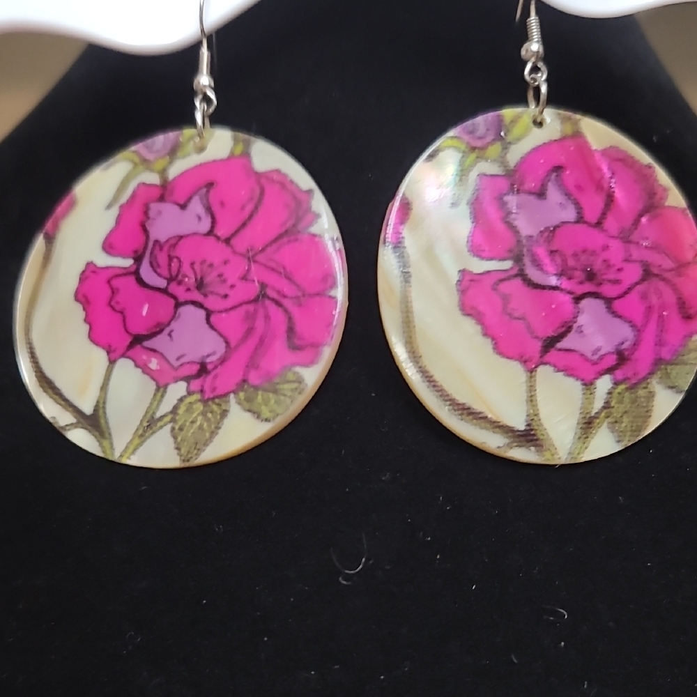Floral On Shell Earrings - Vintage, Estate